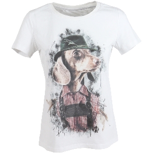 AKAH เสื้อเชิ้ตและเสื้อยืดสำหรับกลางแจ้ง von AKAH ALMTRACHT T-Shirt Damen Dackel mit Hut, weiß 83813008
